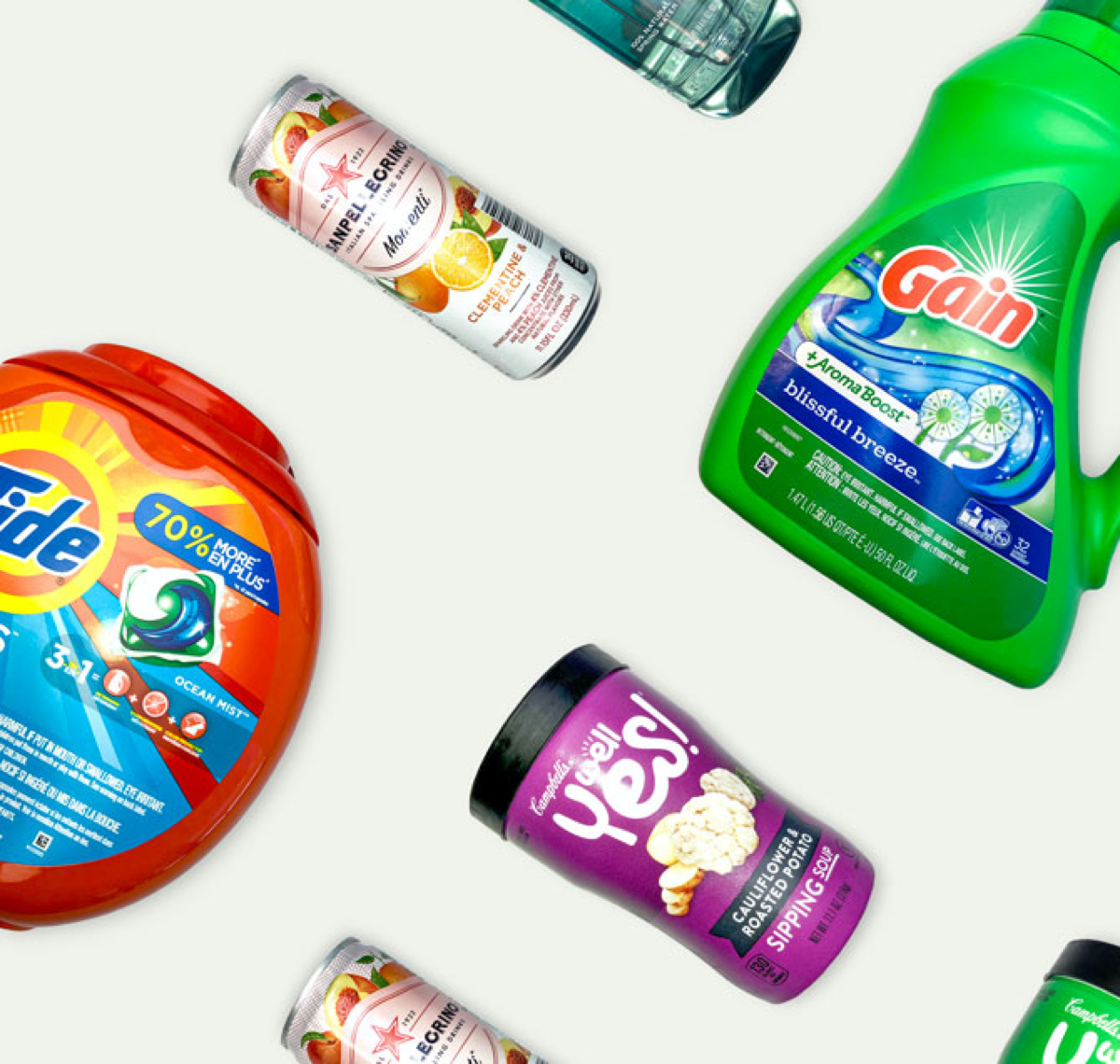 Image with various products shown such as Gain, Tide, Yes, etc.