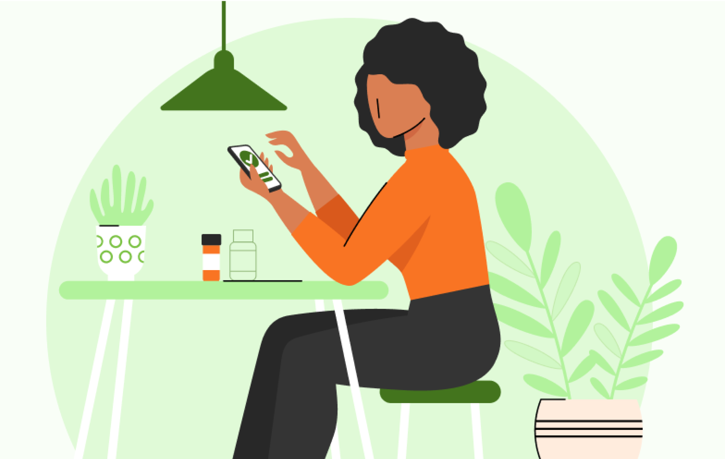 Illustration of a woman sitting at a table looking on her phone