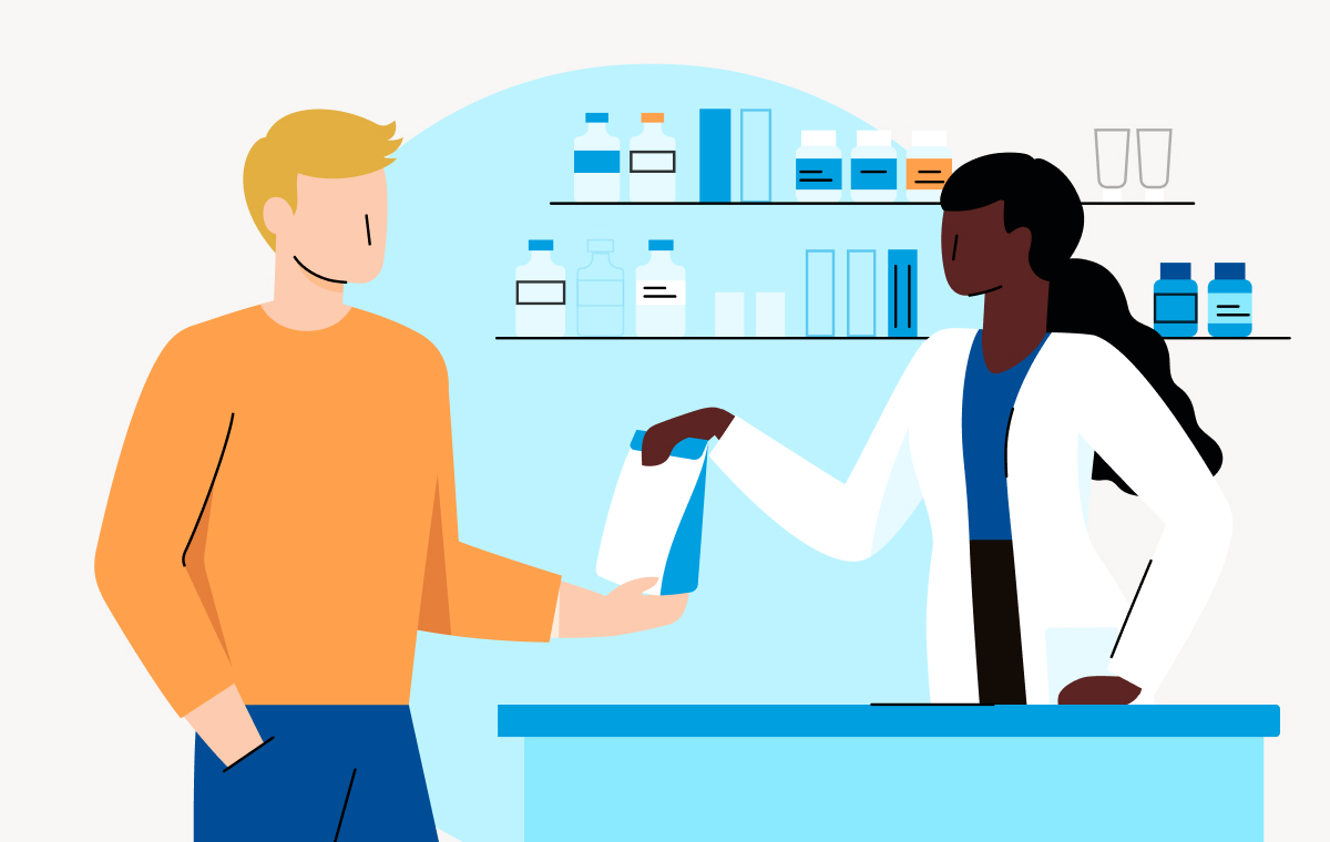 Illustrated image of female pharmacist handing bag to man in an orange shirt