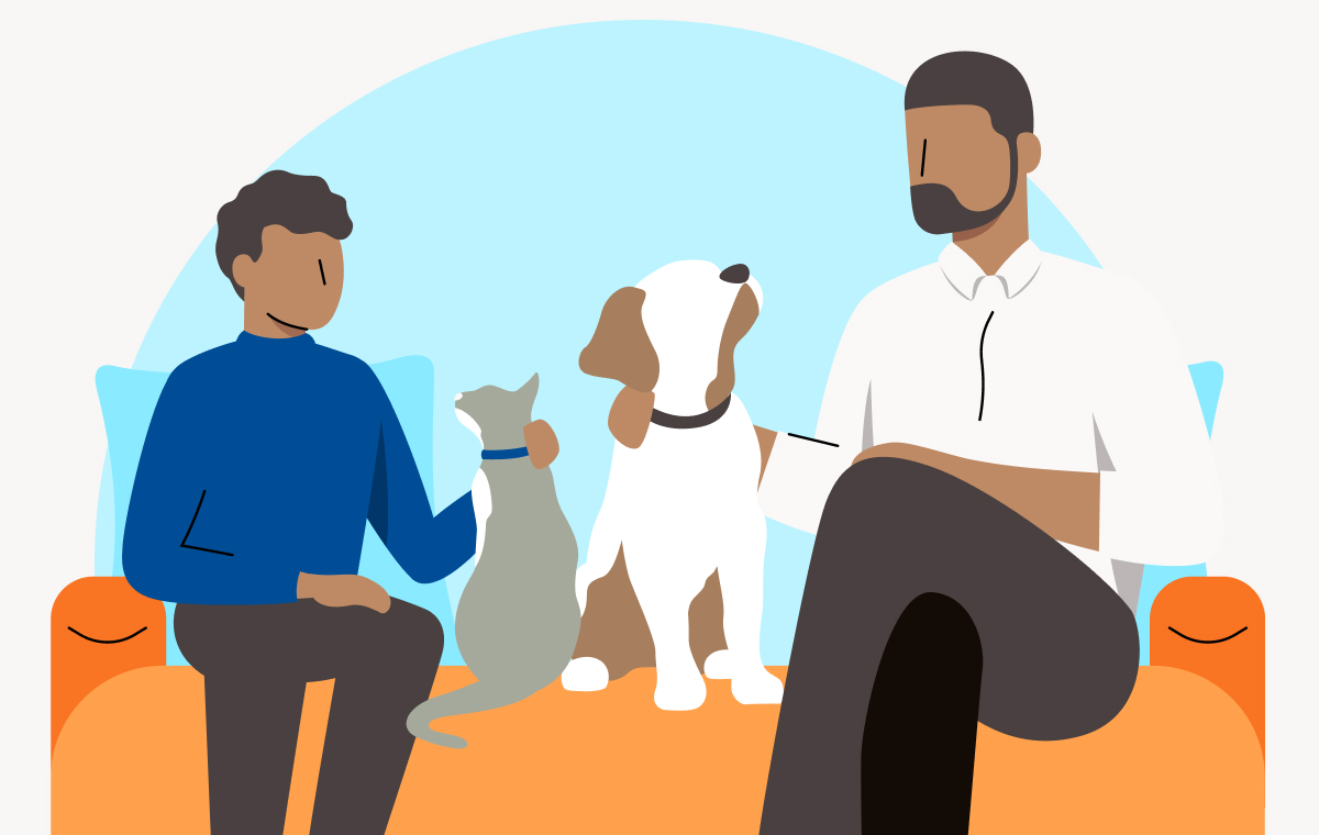 Illustrated image of a man and boy with 2 dogs in between them
