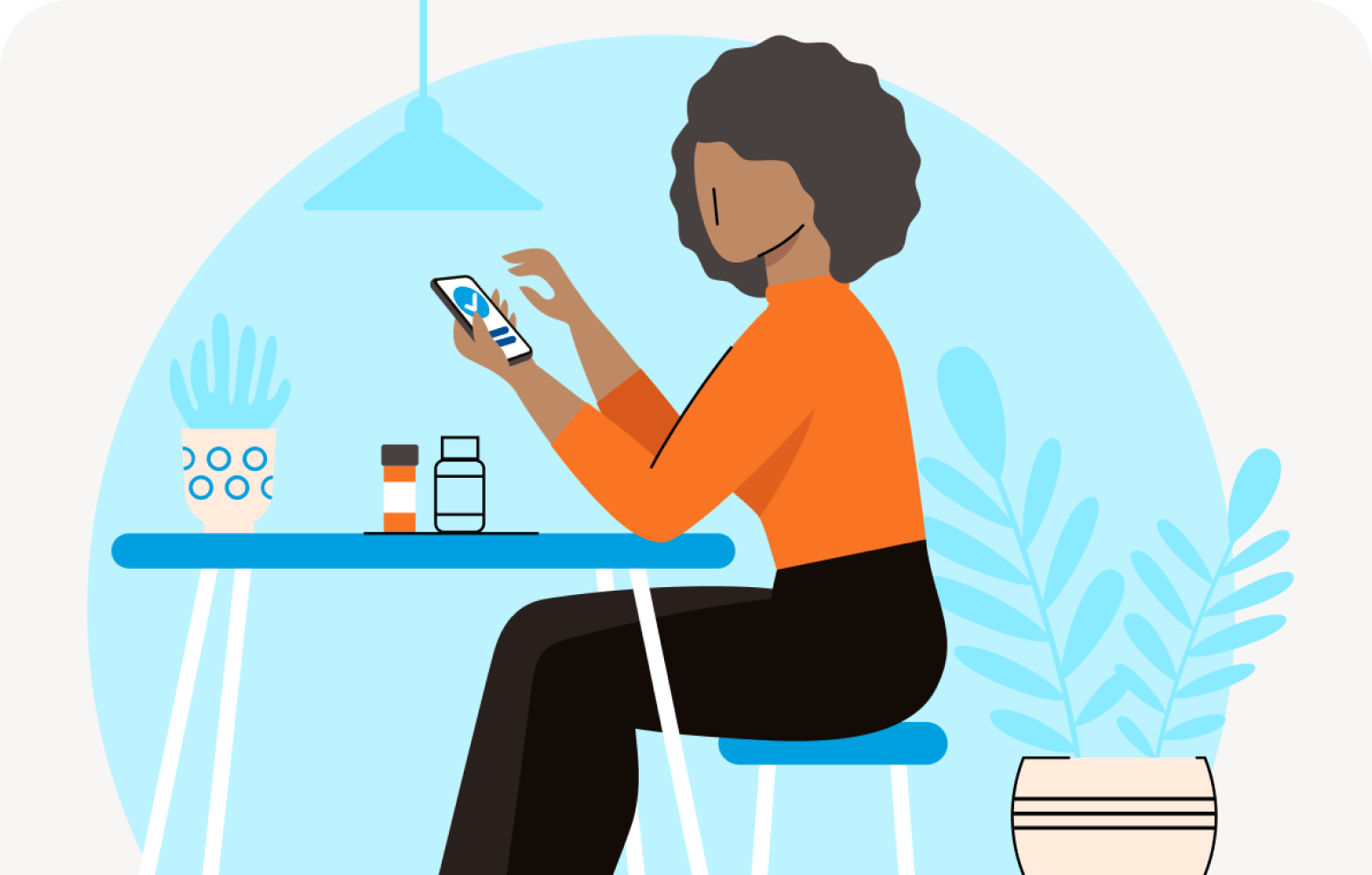 Illustrated image of a woman sitting at a table looking at a mobile phone