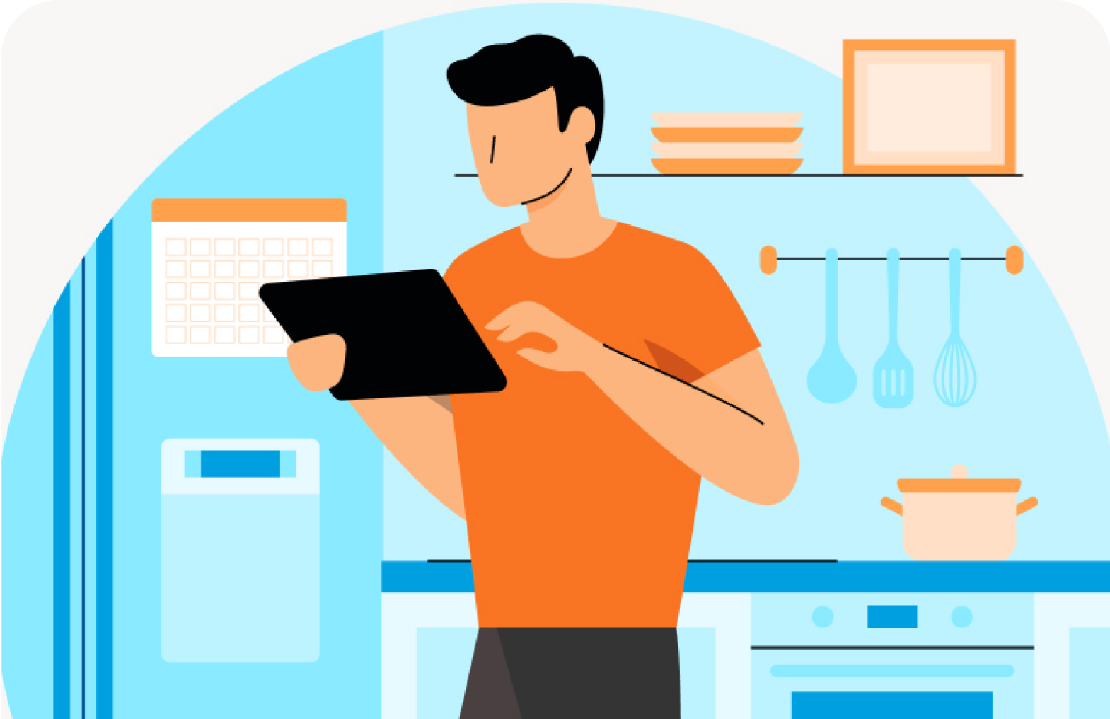 Illustrated image of a man standing in a kitchen using a tablet device