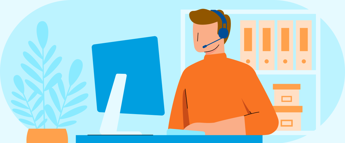 Illustrated image of a man with headset on sitting in front of computer monitor